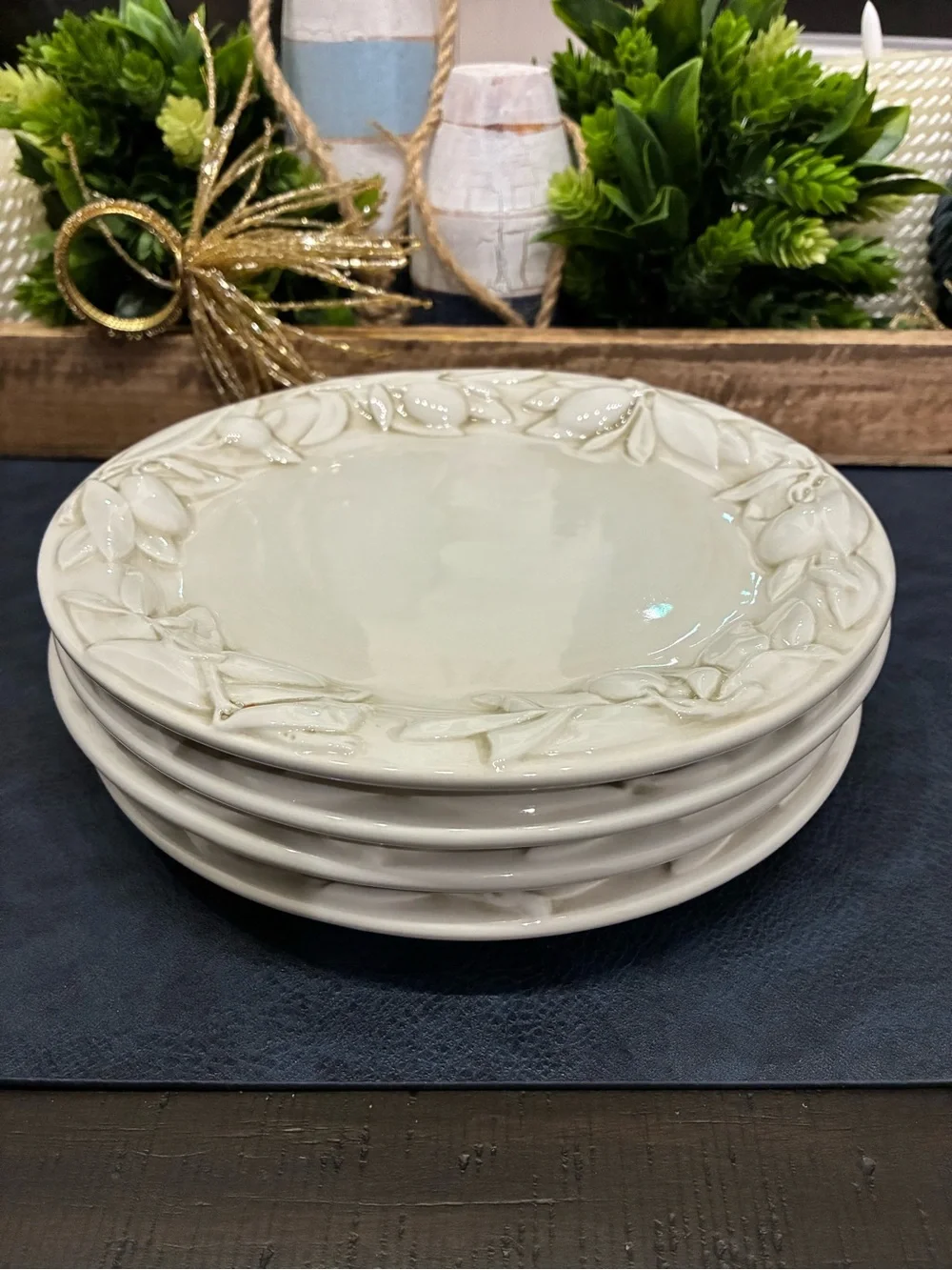 Williams Sonoma Tuscan Olive Cream Ceramic Salad Plates - Set of 4